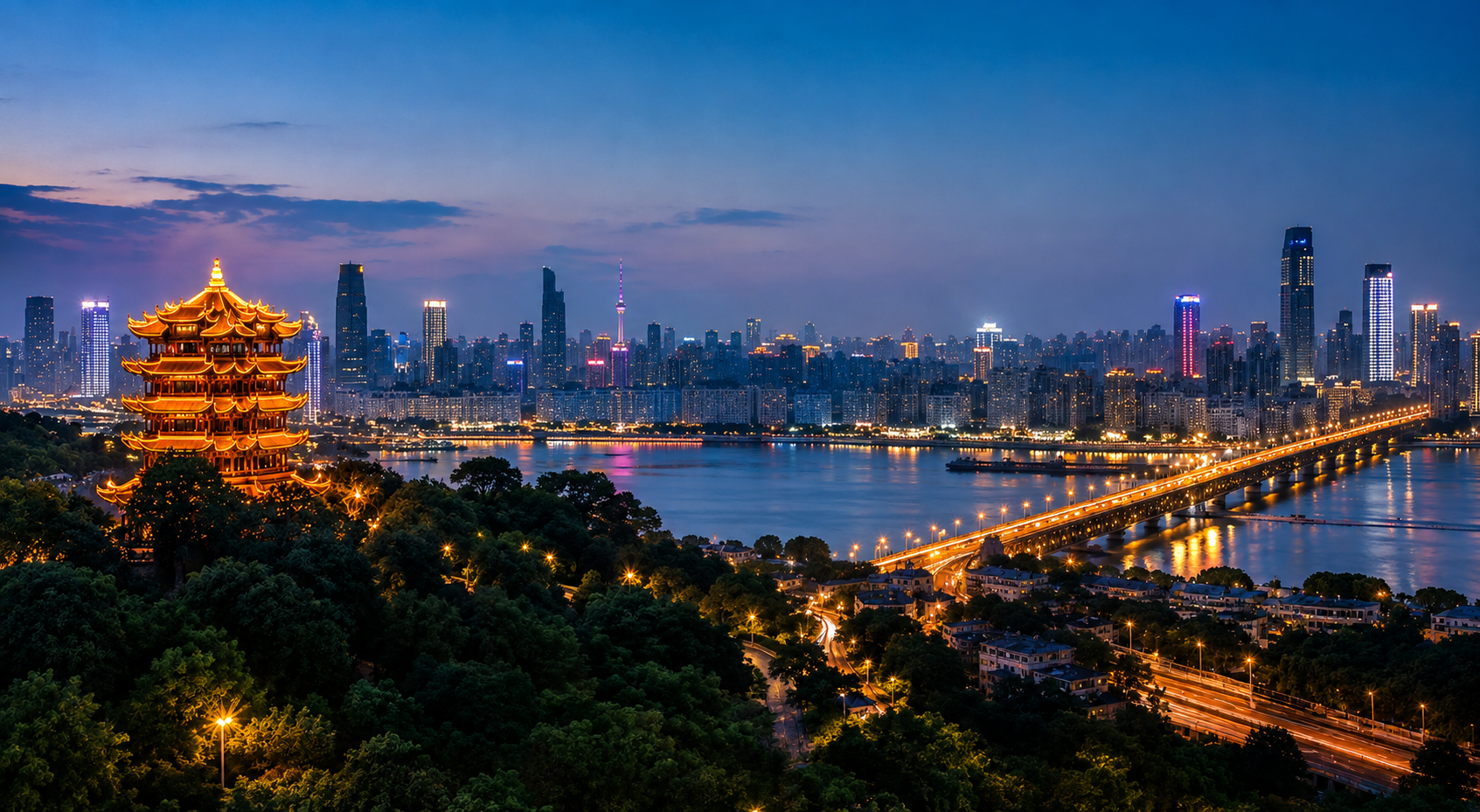 Wuhan skyline at dusk